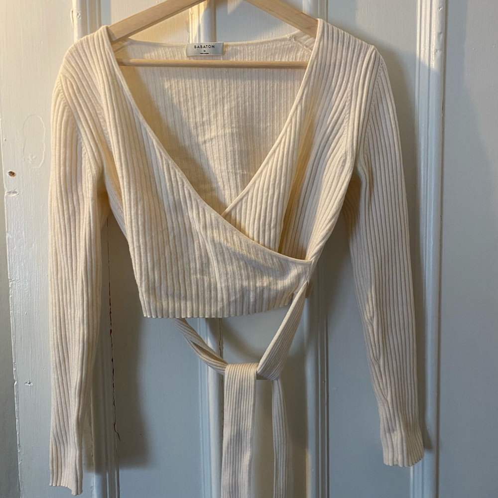Aritzia Cream Ribbed Wrap Crop Top